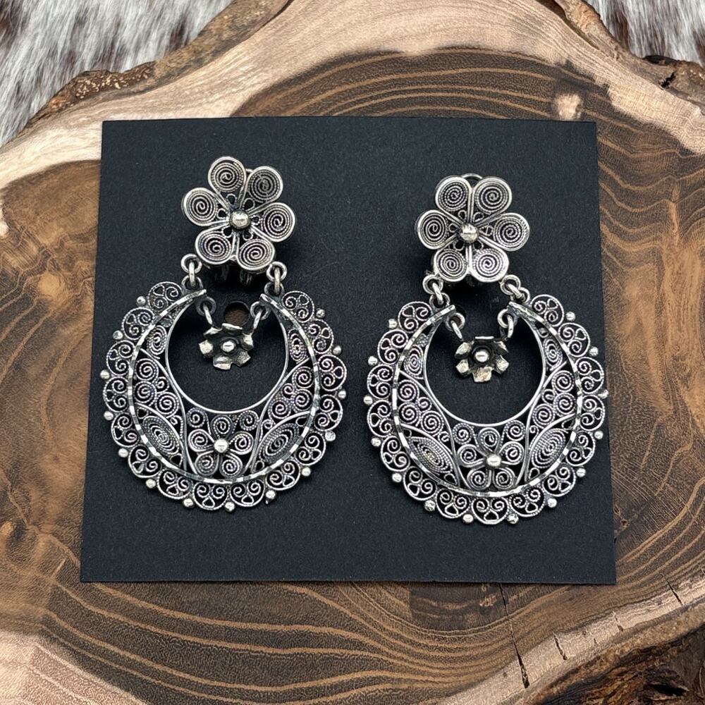 FEDERICO JIMENEZ Sterling Silver Door Knocker Post Earrings Flowers & Filigree